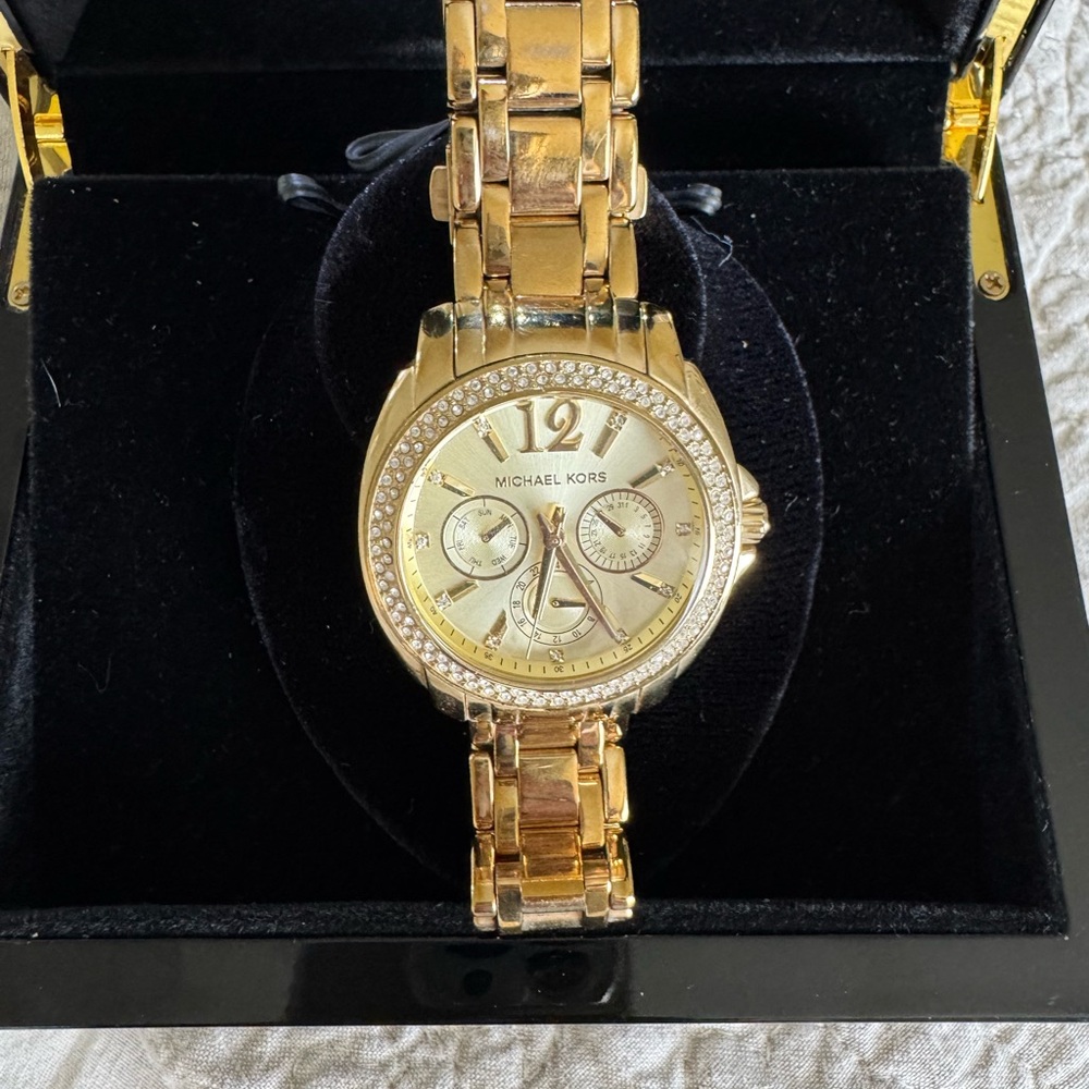 Michael Kors Gold Chronograph Watch with Crystal Bezel